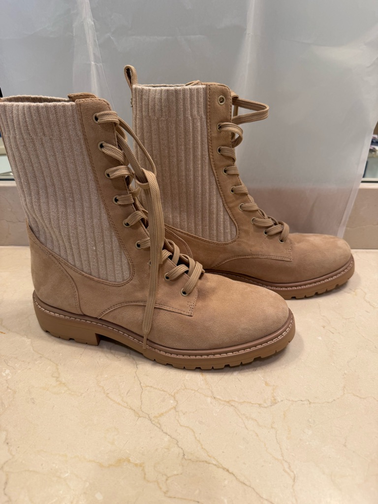 Sam Edelman Tan Ribbed-Knit Lace-Up Combat Boots